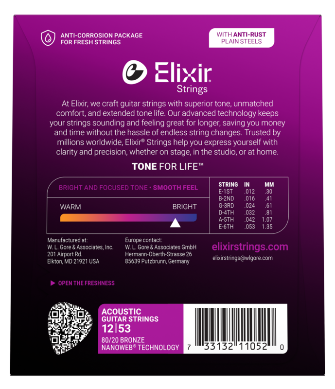 Elixir 11052 Nanoweb 80/20 Bronze Acoustic Guitar Strings - Light .012-.053