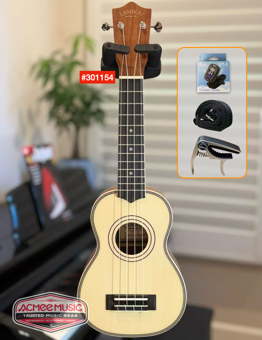 Lanikai SPST-S Solid Spruce Top Soprano Ukulele w/Gig Bag, Tuner, Strap & Capo