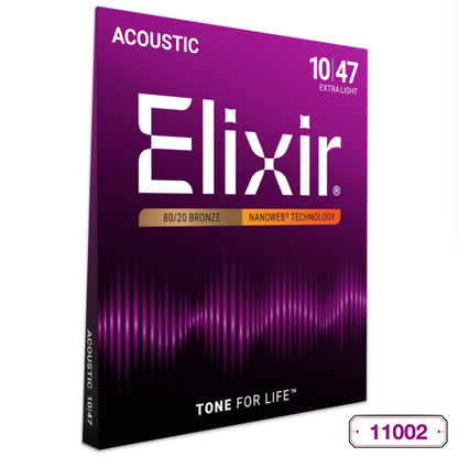 Elixir 11002 Nanoweb 80/20 Bronze Acoustic Guitar Strings Extra Light .010-.047