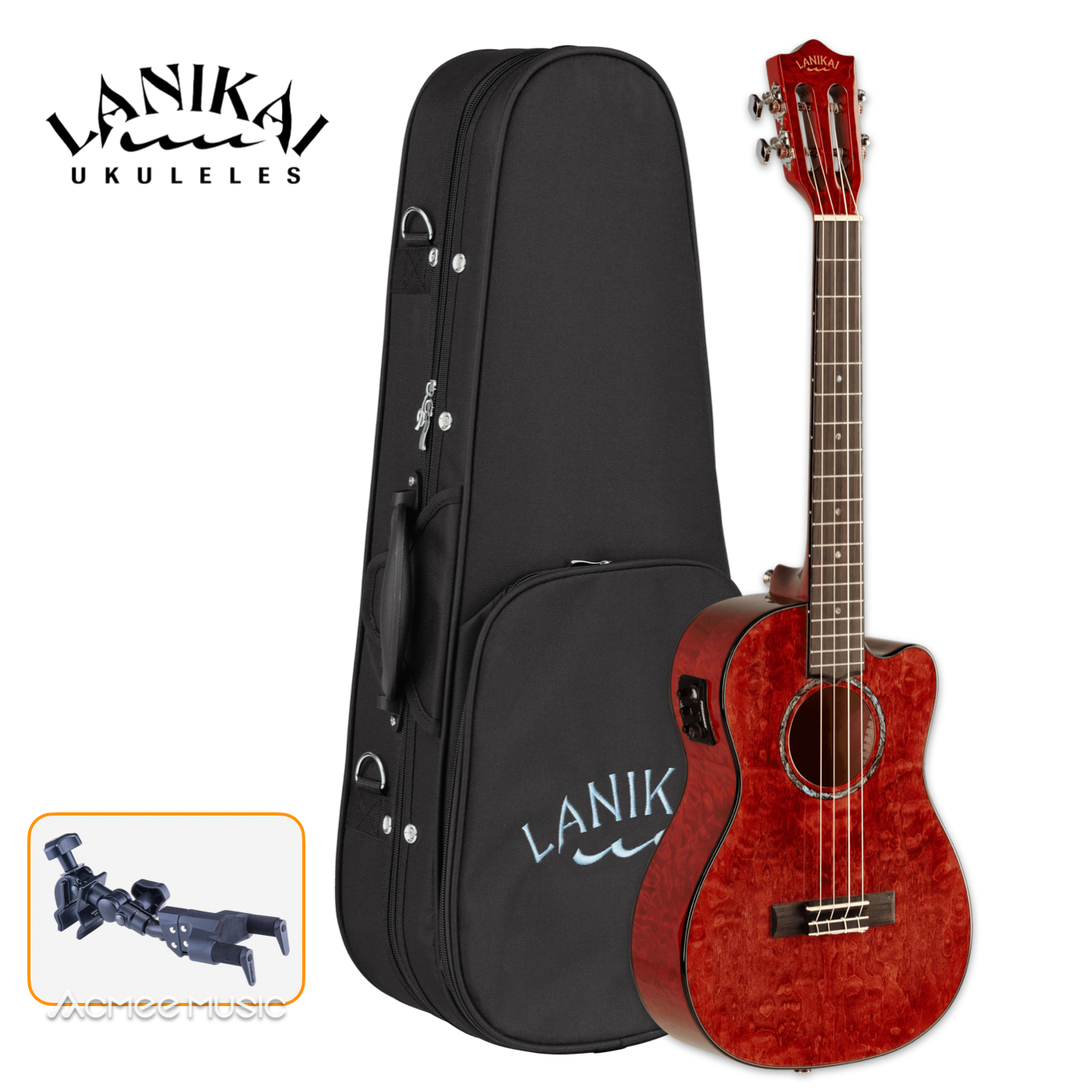 Lanikai QM-RDCEB Red Quilted Maple Baritone Acoustic-Electric Ukulele w/ Case