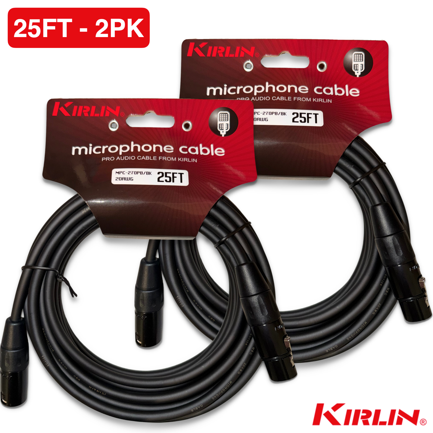 2-PACK Kirlin 25FT XLR Male to XLR Female - 20AWG Microphone Cable,MPC-270PB,Black