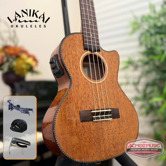 Lanikai All Solid Mahogany Tenor Cutaway A/E Ukulele w/Case, Hanger, Capo & Strap