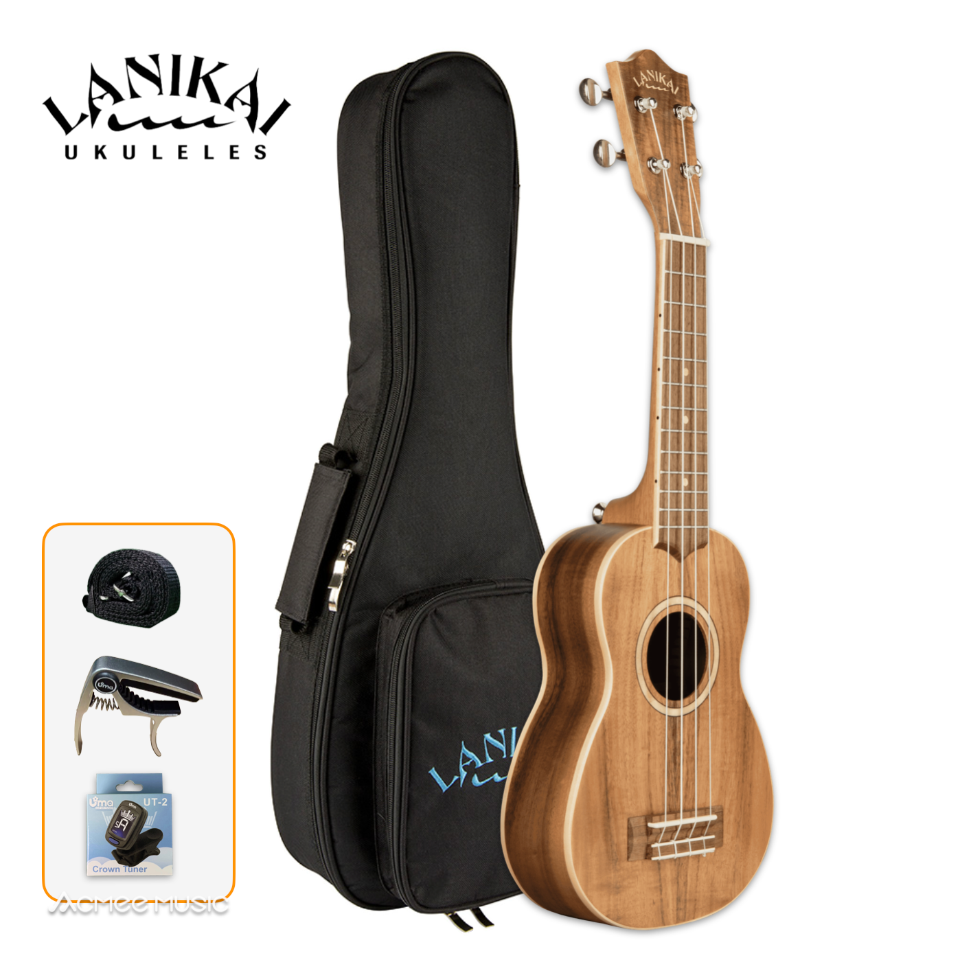 Lanikai ACST-S Solid Acacia Top Soprano Ukulele with 20mm Padded Gig Bag