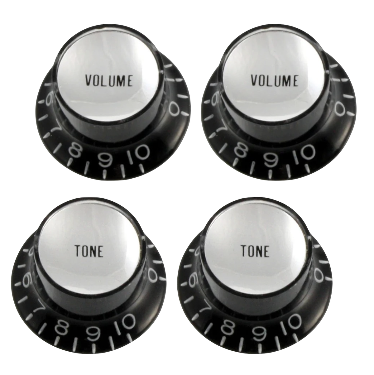 Set of 4 Allparts Black Bell Top Hat KNOBS Silver Reflector for Gibson 1/4" Tone & Volume