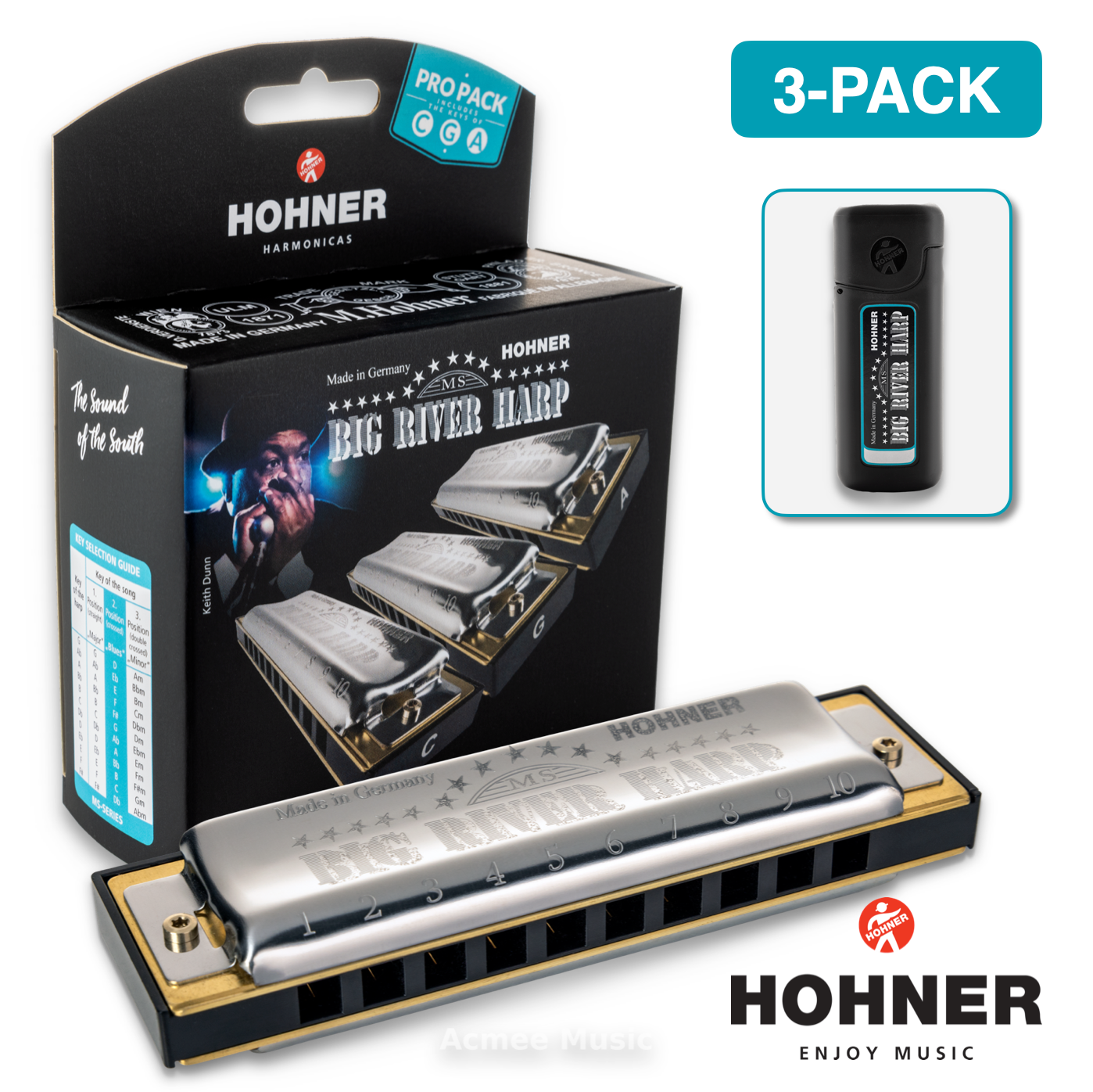 Hohner Big River Harp BGRVR 10-Hole Diatonic Harmonica 3-PACK (C,A,G)