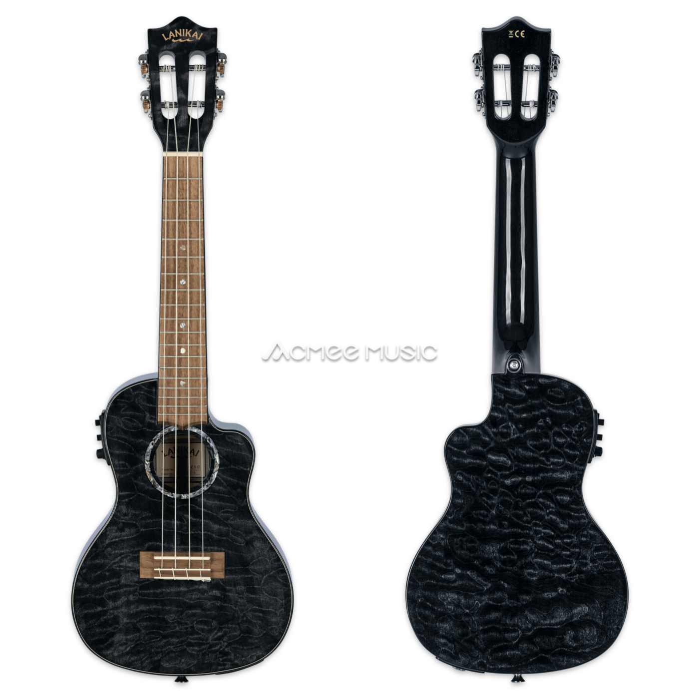 Lanikai QM-BKCEC Quilted Maple Black Concert 23" Acoustic Electric Ukulele with Case