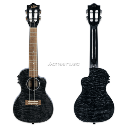 Lanikai QM-BKCEC Quilted Maple Black Concert 23" Acoustic Electric Ukulele with Case