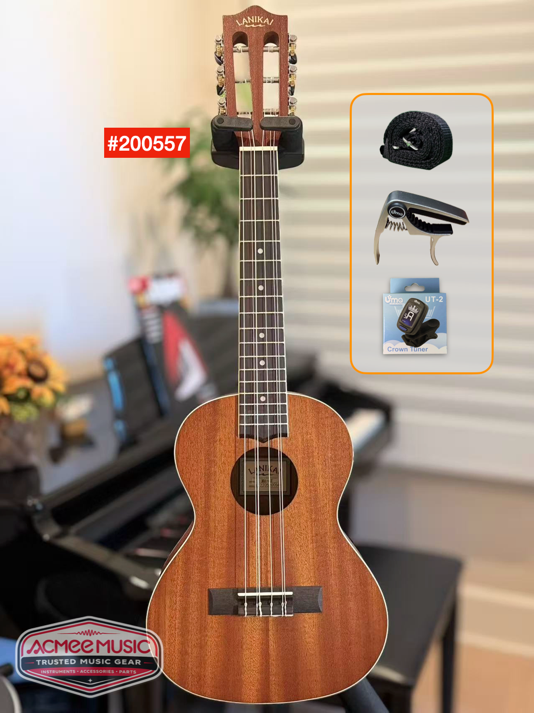 Lanikai MA-6T Mahogany 6 string Tenor Ukulele with Gig Bag, Tuner, Capo & Strap