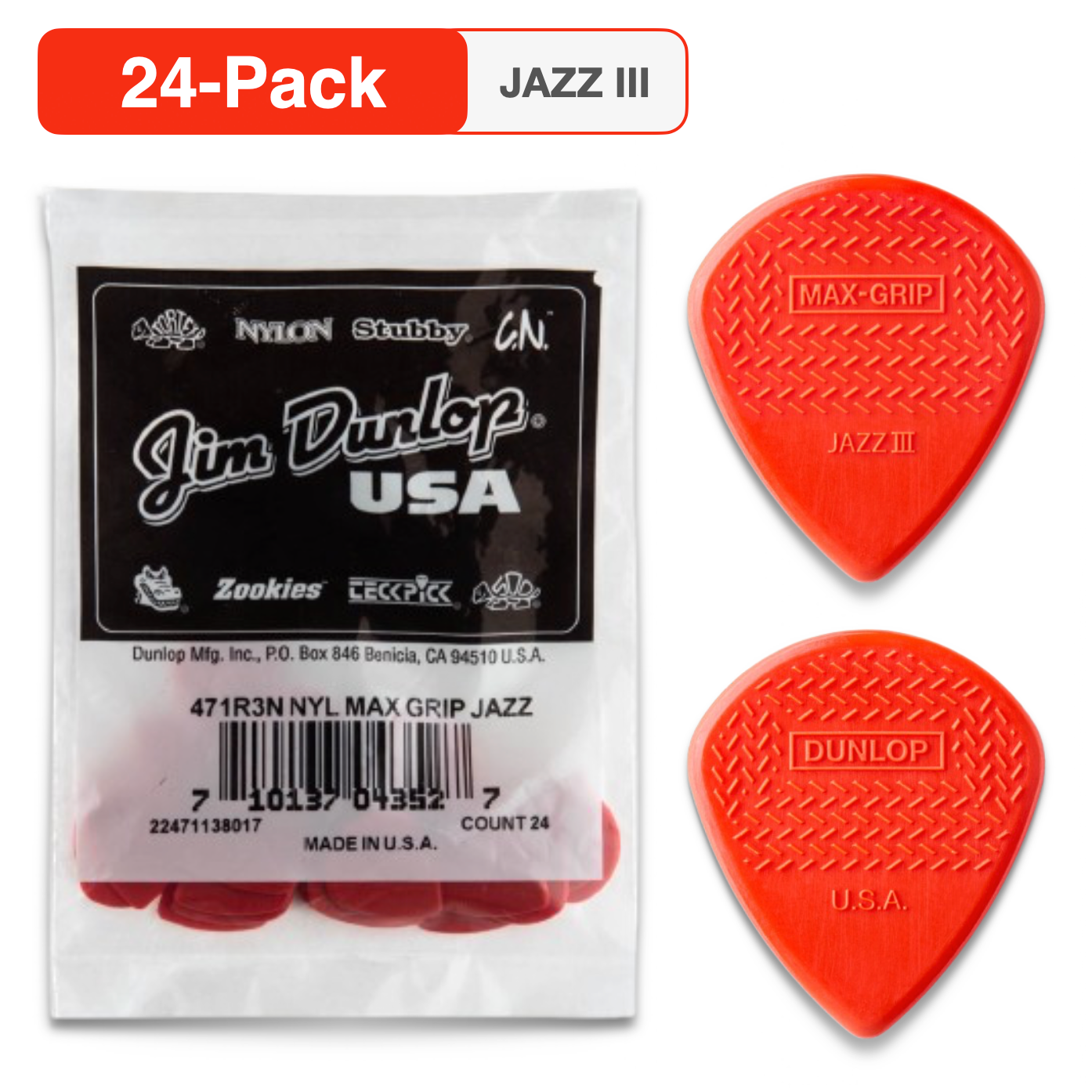 24-PACK Dunlop 471R3N Nylon Max Grip Jazz III Red Guitar Picks, 1.38mm