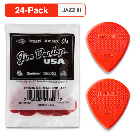 24-PACK Dunlop 471R3N Nylon Max Grip Jazz III Red Guitar Picks, 1.38mm
