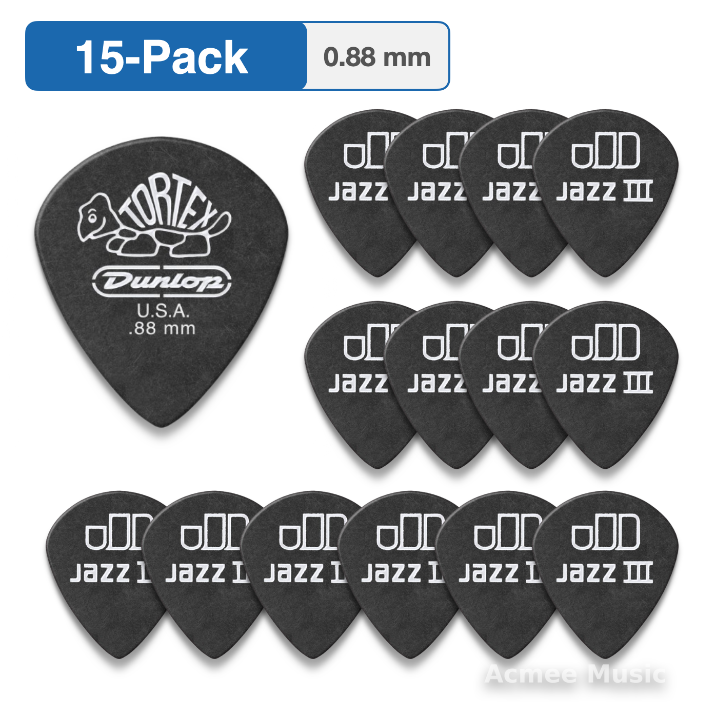 15-PACK Dunlop Tortex Pitch Black Jazz III Guitar Picks【0.88mm】482-088
