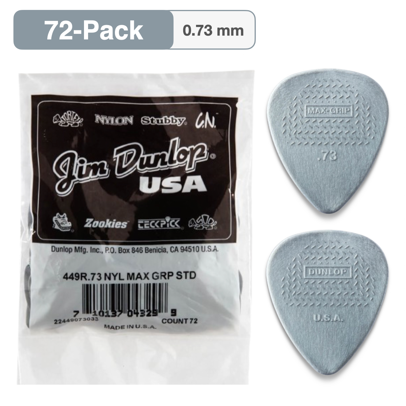 72-PACK Dunlop 449R.73 Max-Grip Nylon Standard Guitar Picks, 0.73mm, 449R073