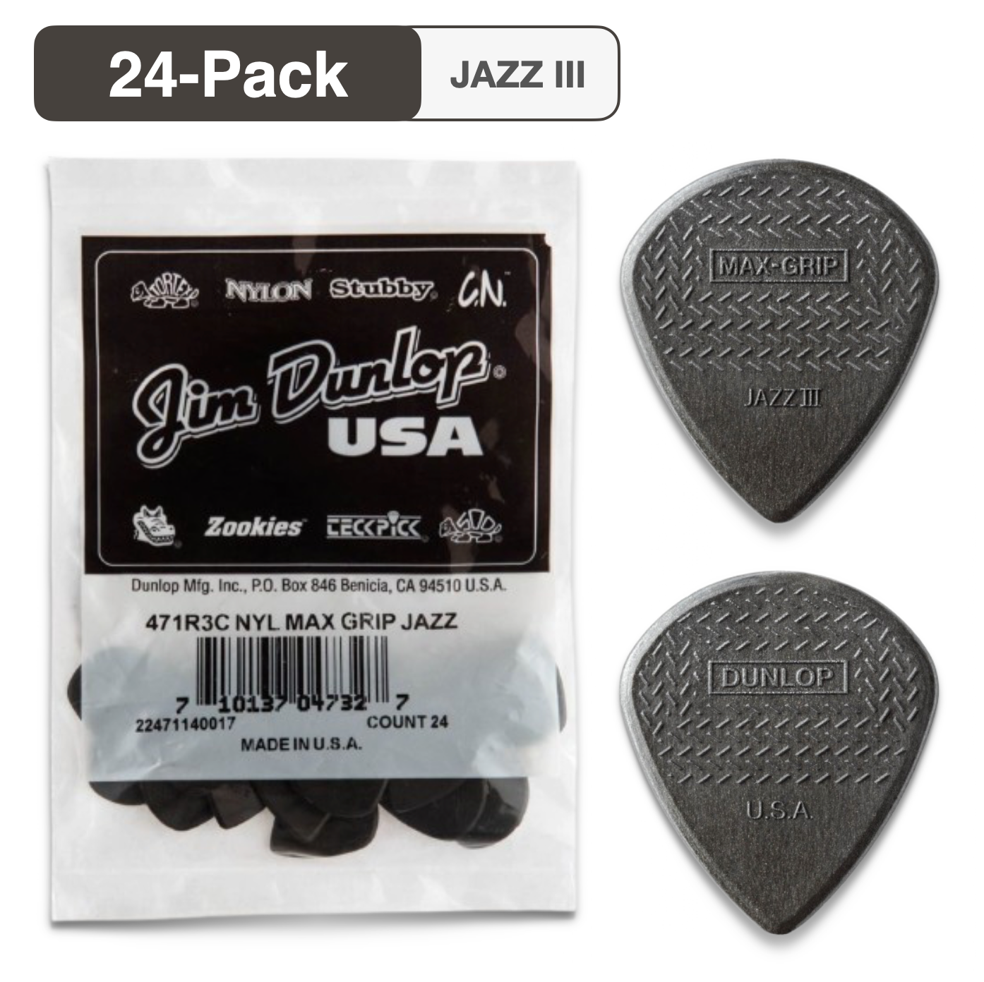 24-PACK Dunlop 471R3C Max-Grip Jazz III Carbon Fiber Guitar Picks, 1.38mm