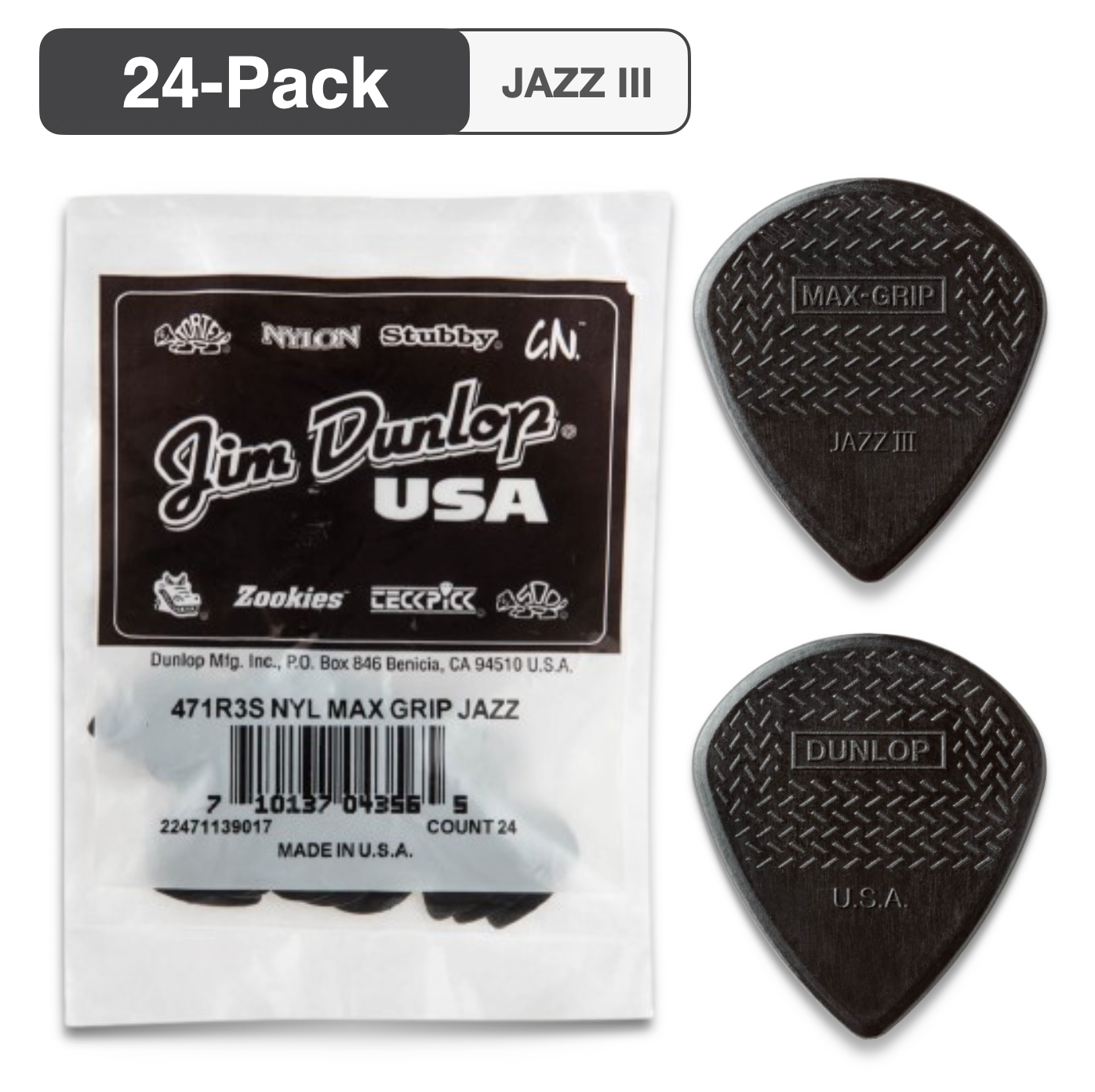 24-PACK Dunlop 471R3S Nylon Max Grip Jazz III STIFFO Black Guitar Picks