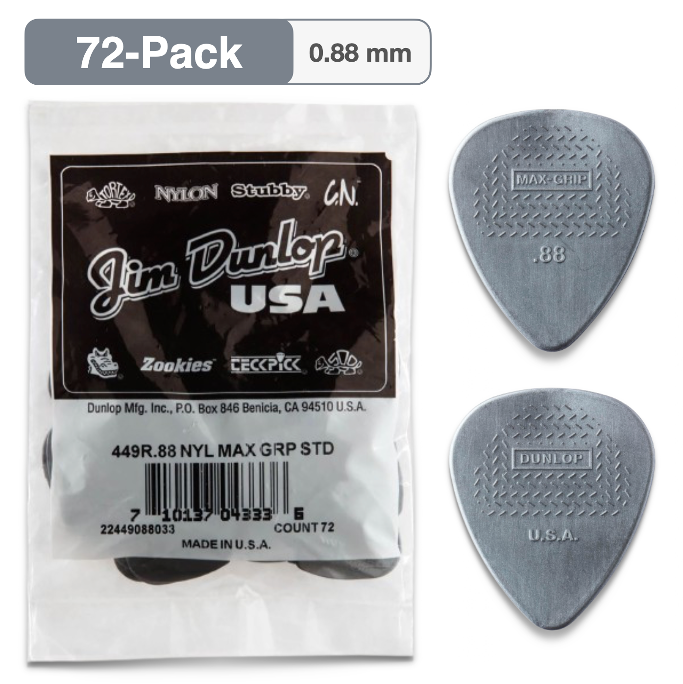72-PACK Dunlop 449R.88 Max-Grip Nylon Standard Guitar Picks, 0.88mm, 449R088