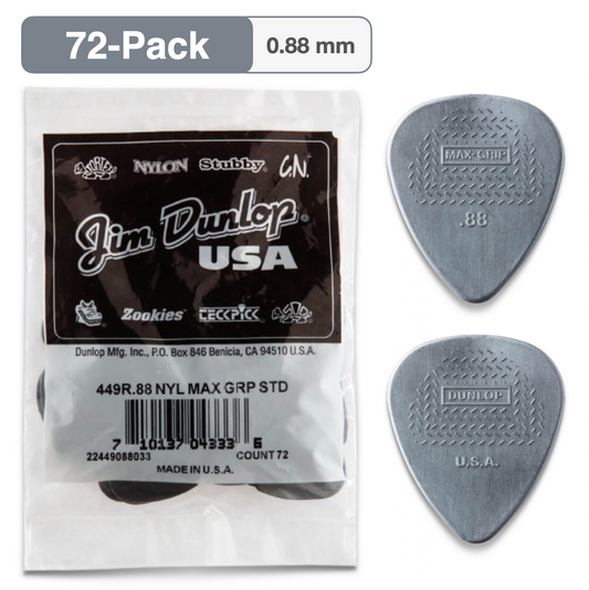 72-PACK Dunlop 449R.88 Max-Grip Nylon Standard Guitar Picks, 0.88mm, 449R088