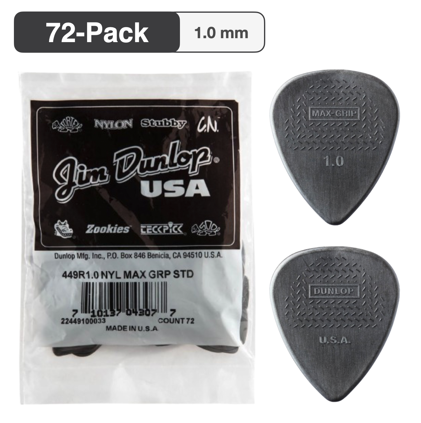 72-PACK Dunlop 449R1.0 Max-Grip Standard 1.0mm Nylon Guitar Picks, 449R100