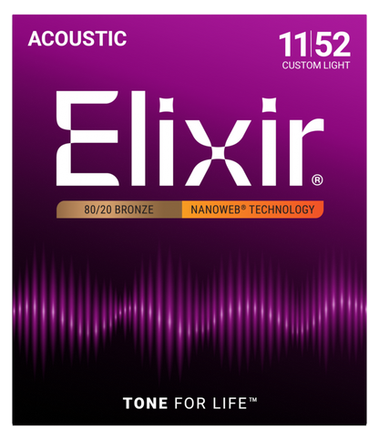 Elixir 11027 Nanoweb 80/20 Bronze Acoustic Guitar Strings Custom Light .011-.052