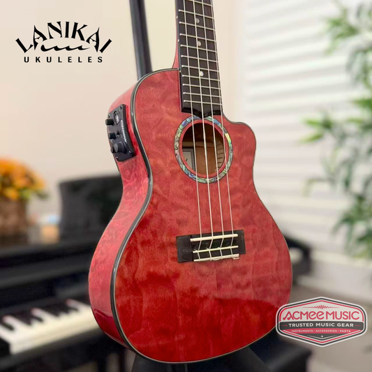 Lanikai QM-RDCEC Quilted Maple Red Concert Cutaway A/E Ukulele w/Foam Case, Hanger, Tuner, Capo & Strap