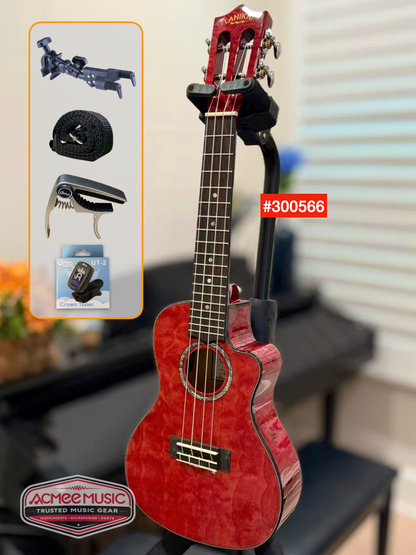 Lanikai QM-RDCEC Quilted Maple Red Concert Cutaway A/E Ukulele w/Foam Case, Hanger, Tuner, Capo & Strap