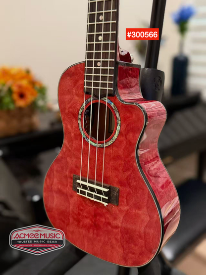 Lanikai QM-RDCEC Quilted Maple Red Concert Cutaway A/E Ukulele w/Foam Case, Hanger, Tuner, Capo & Strap