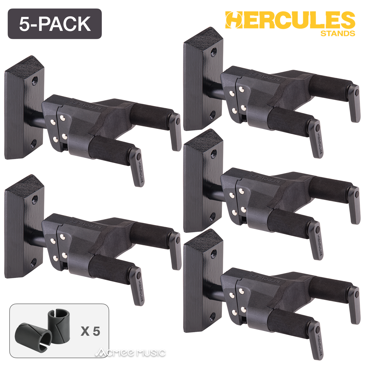 5-PACK Hercules GSP38WBKPLUS Auto Grip Wall Mount Guitar Hanger - Black