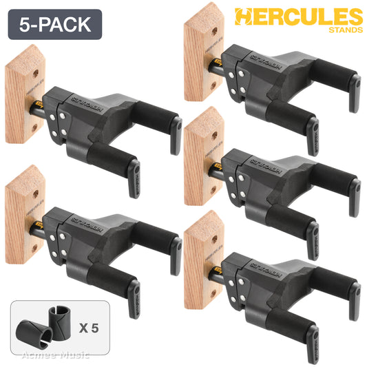 5-PACK Hercules GSP38WBPLUS Auto Grip Wall Mount Guitar Hanger - Natural Wood Base