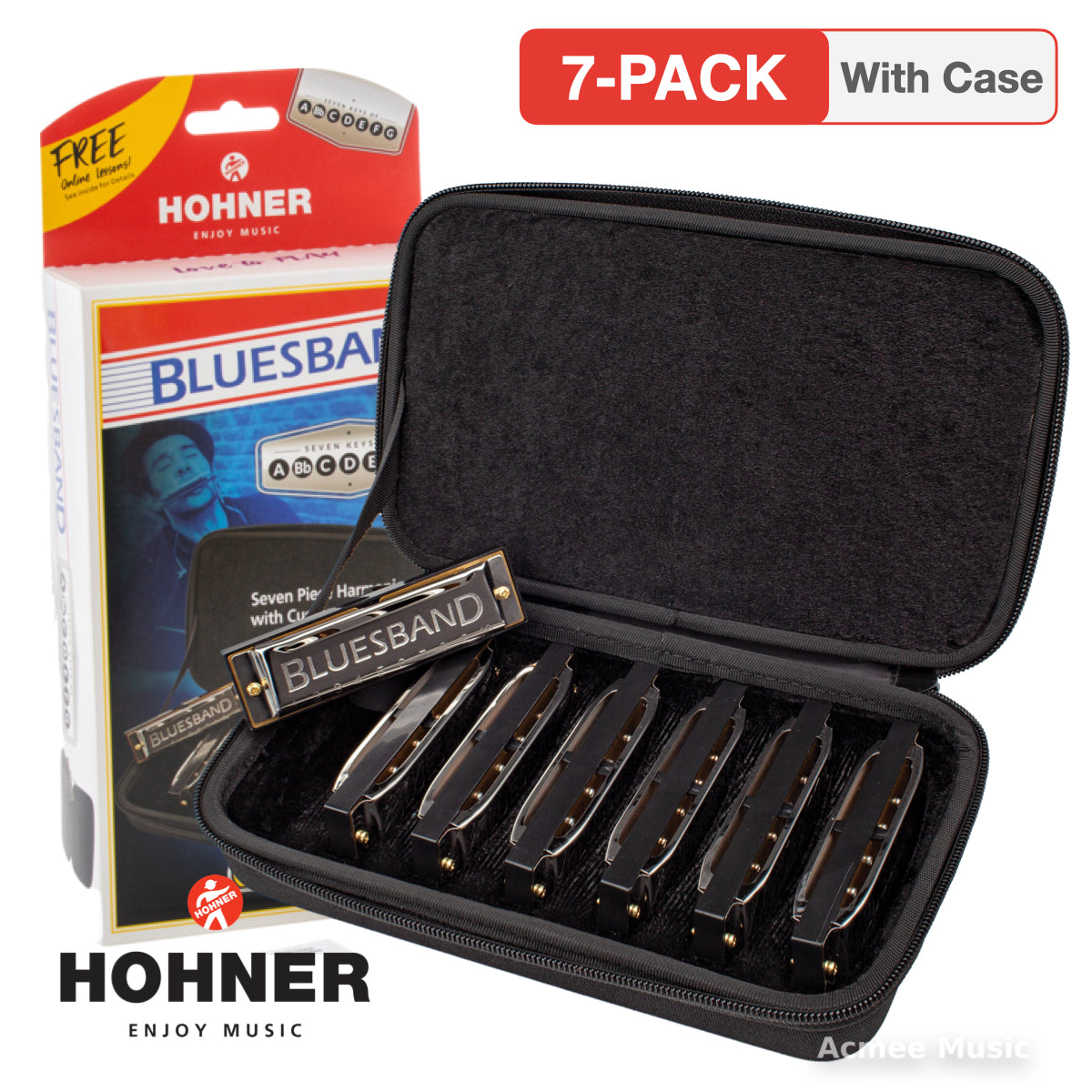 Hohner 1501 Blues band Harmonica 7-PACK Bundle (G,A,C,D,E,F,Bb) with Case