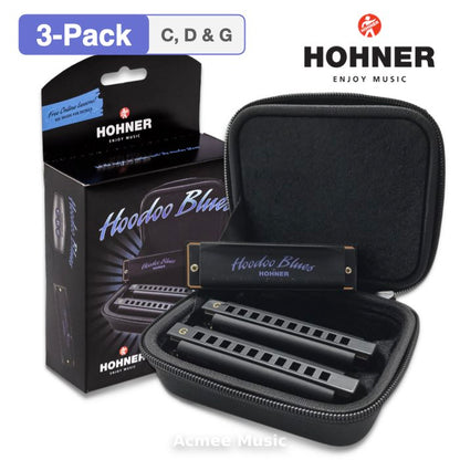 HOHNER HBP Hoodoo Blues Diatonic Harmonica 3-Pack(C, D, G) with Case
