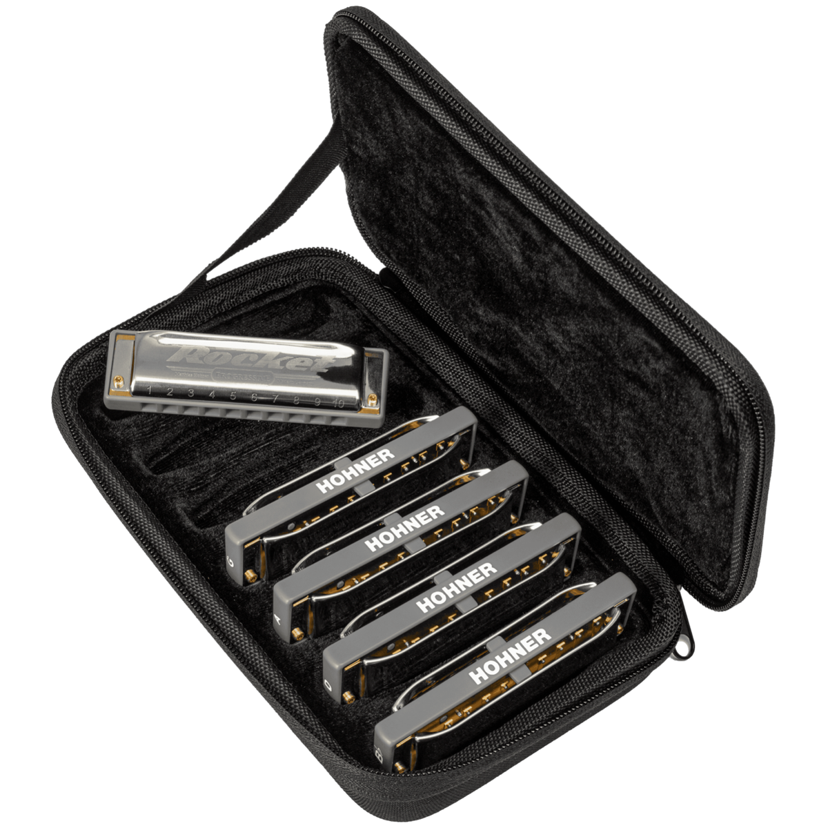 Hohner ROCKET 5-PACK Diatonic Harmonica Set with C-7 Case, Keys of C G A D Bb