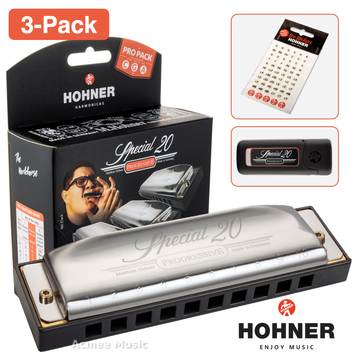 Hohner Special 20 ProPack Diatonic Harmonica SPC20-3PK, Keys of G,C and A with Key Stickers