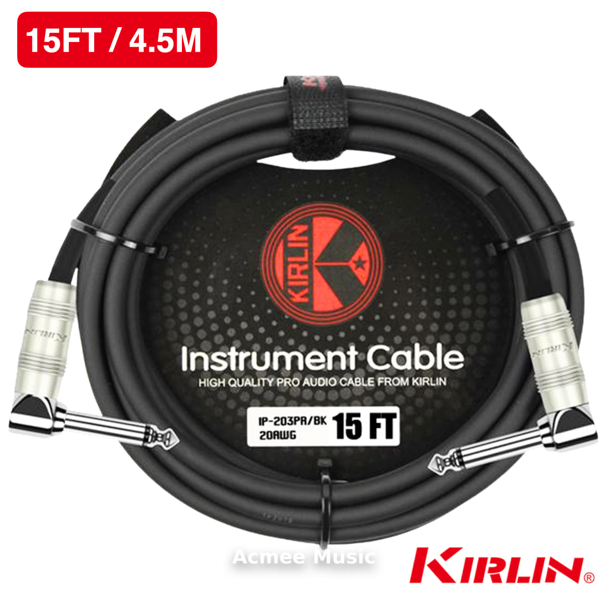 Kirlin IP-203PR 15FT Guitar Instrument Pro Audio Cable - 20AWG, 1/4" Right Angle Mono Plug