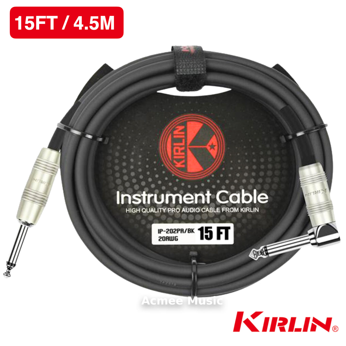 Kirlin IP-202PR 15FT Guitar Instrument Cable - 20AWG, 1/4" Straight to 1/4'' Right Angle