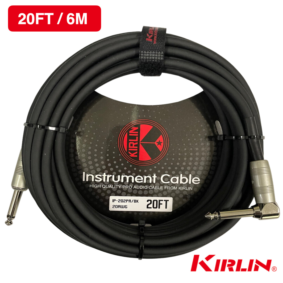 Kirlin IP-202PR 20FT Guitar Instrument Cable - 20AWG, 1/4" Straight to 1/4'' Right Angle