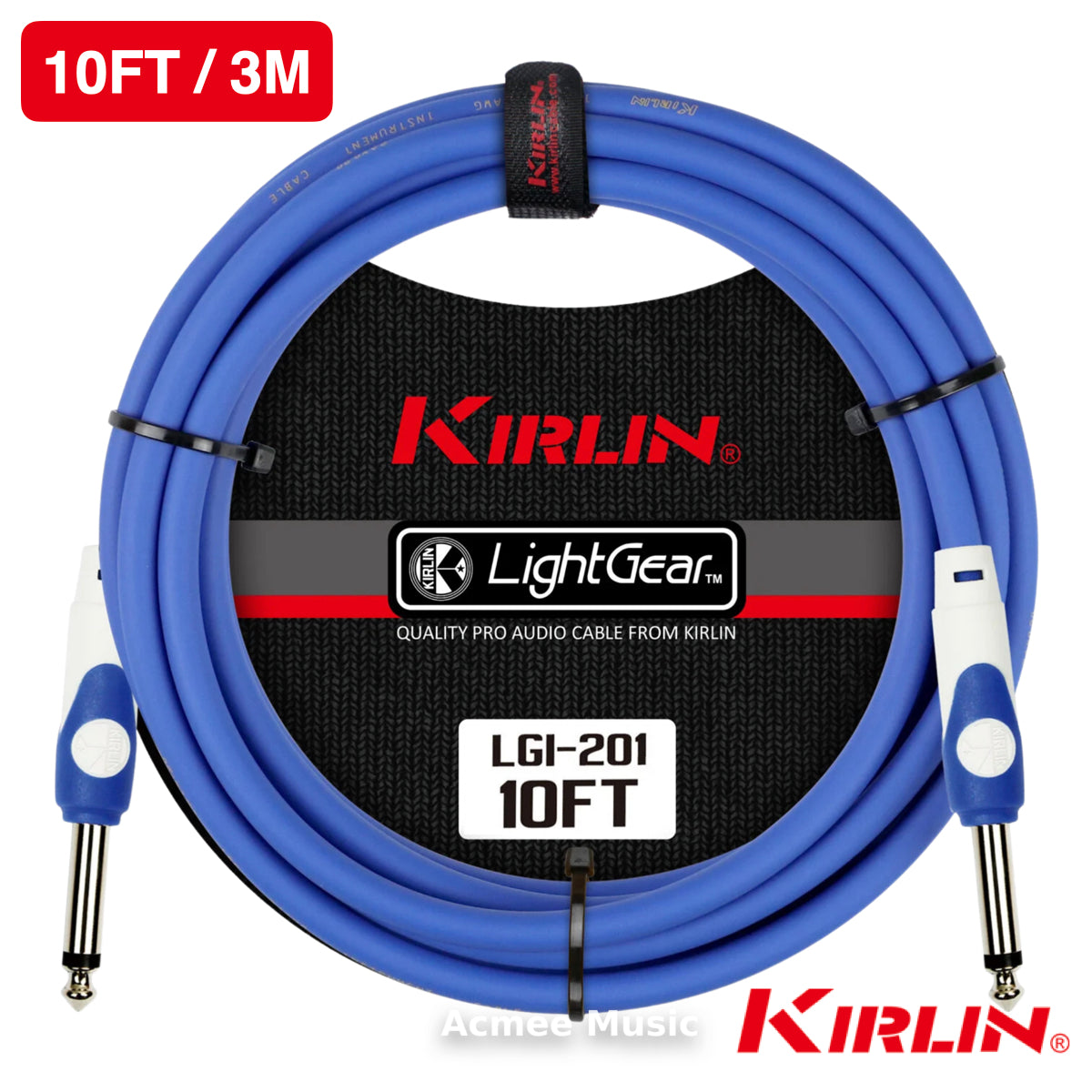 Kirlin 10FT LGI-201 Guitar Instrument Cable - 20AWG, Straight 1/4" Mono, BLUE