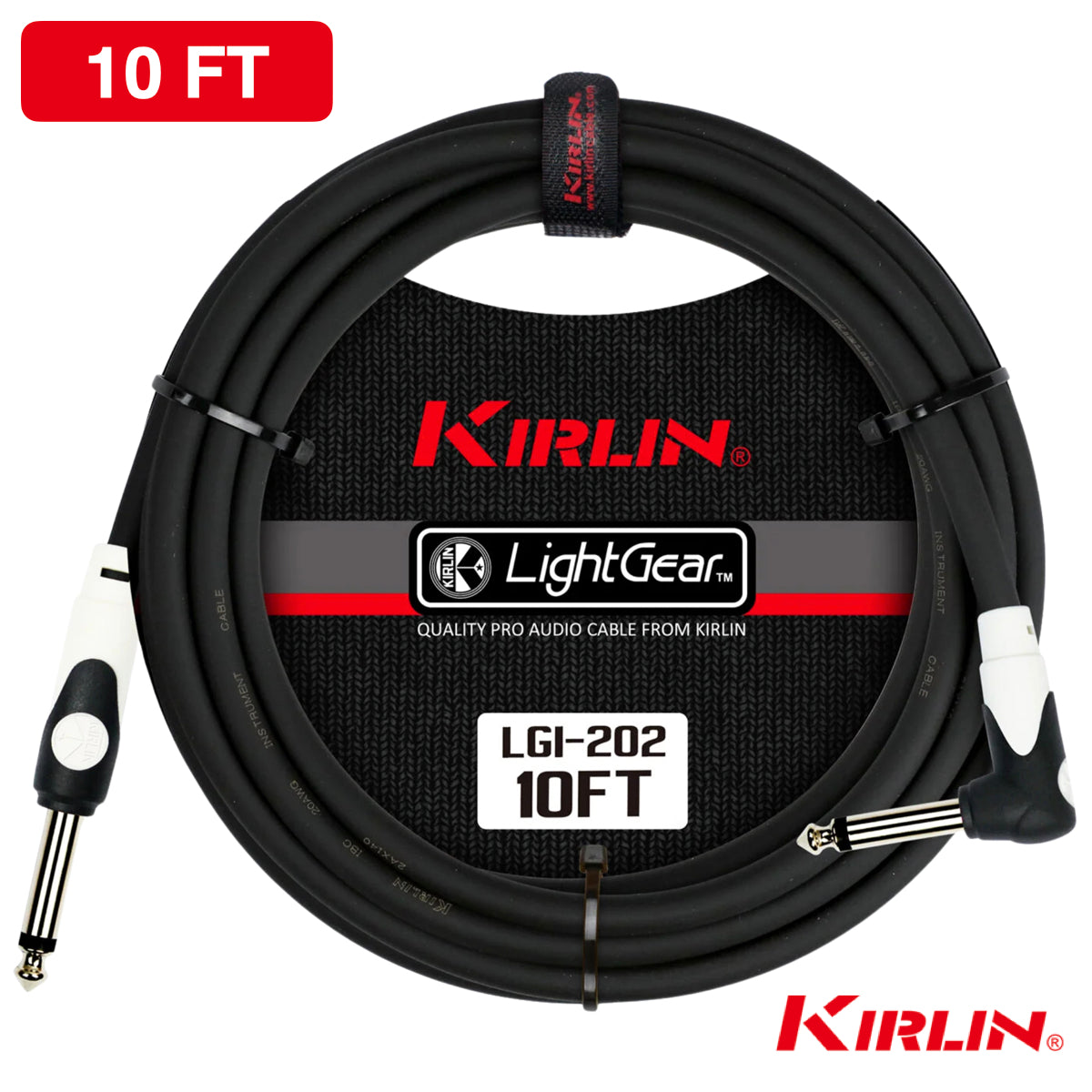 Kirlin 10FT LGI-202 Guitar Instrument Cable - 20AWG, 1/4" Mono Straight to Right Angle