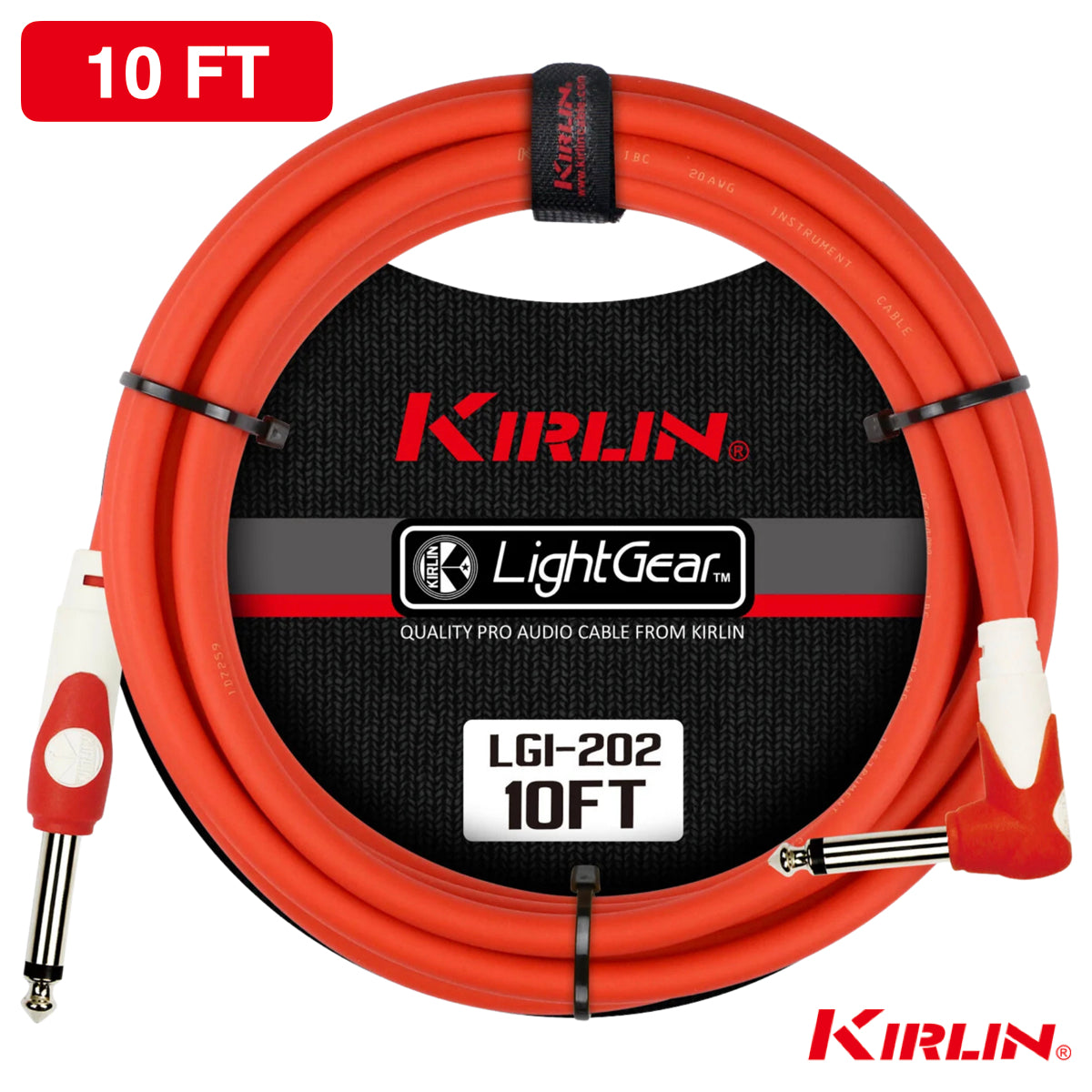 Kirlin 10FT LGI-202 Guitar Instrument Cable - 1/4" Straight to Right Angle, RED