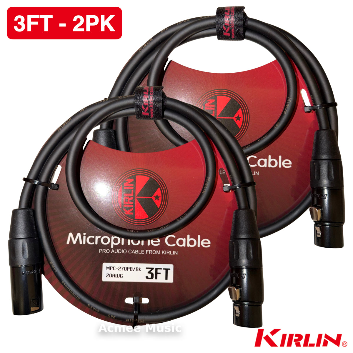 2-PACK Kirlin 3FT XLR Male to XLR Female 20AWG Microphone Cable,MPC-270PB, Black