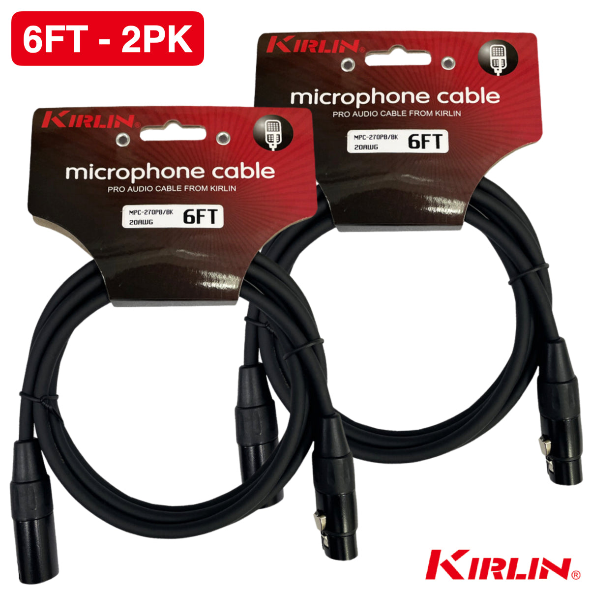 2-PACK Kirlin 6FT XLR Male to XLR Female - 20AWG Microphone Cable,MPC-270PB, Black