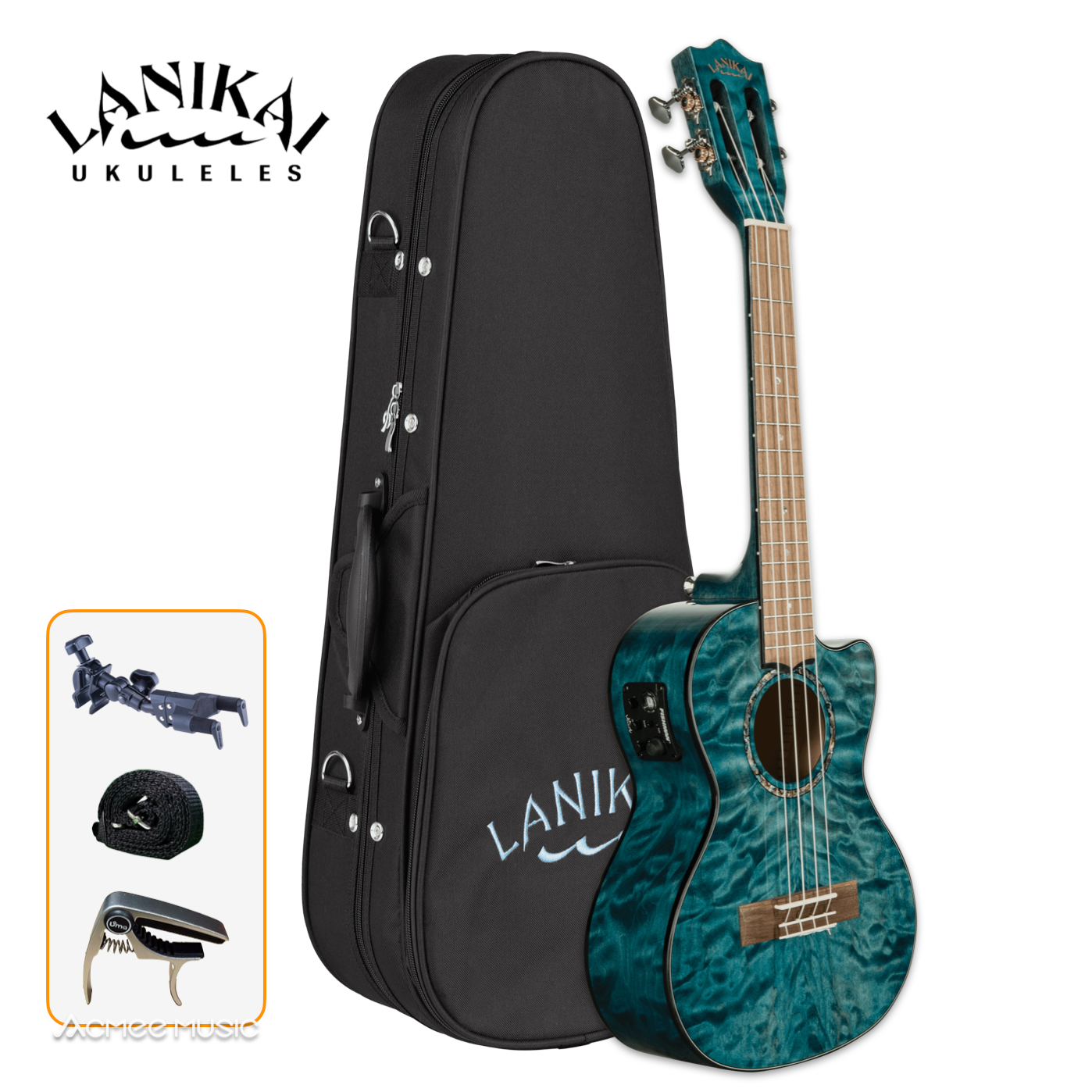 Lanikai QM-BLCET Quilted Maple Blue Tenor 26" Acoustic-Electric Ukulele w/ Case
