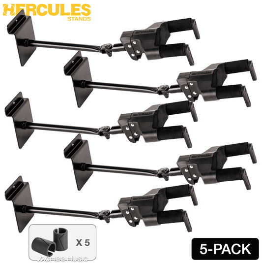 5-PACK Hercules GSP40SBPLUS AutoGrip Guitar Hanger Slat Wall Mount - Steel Base Long Arm