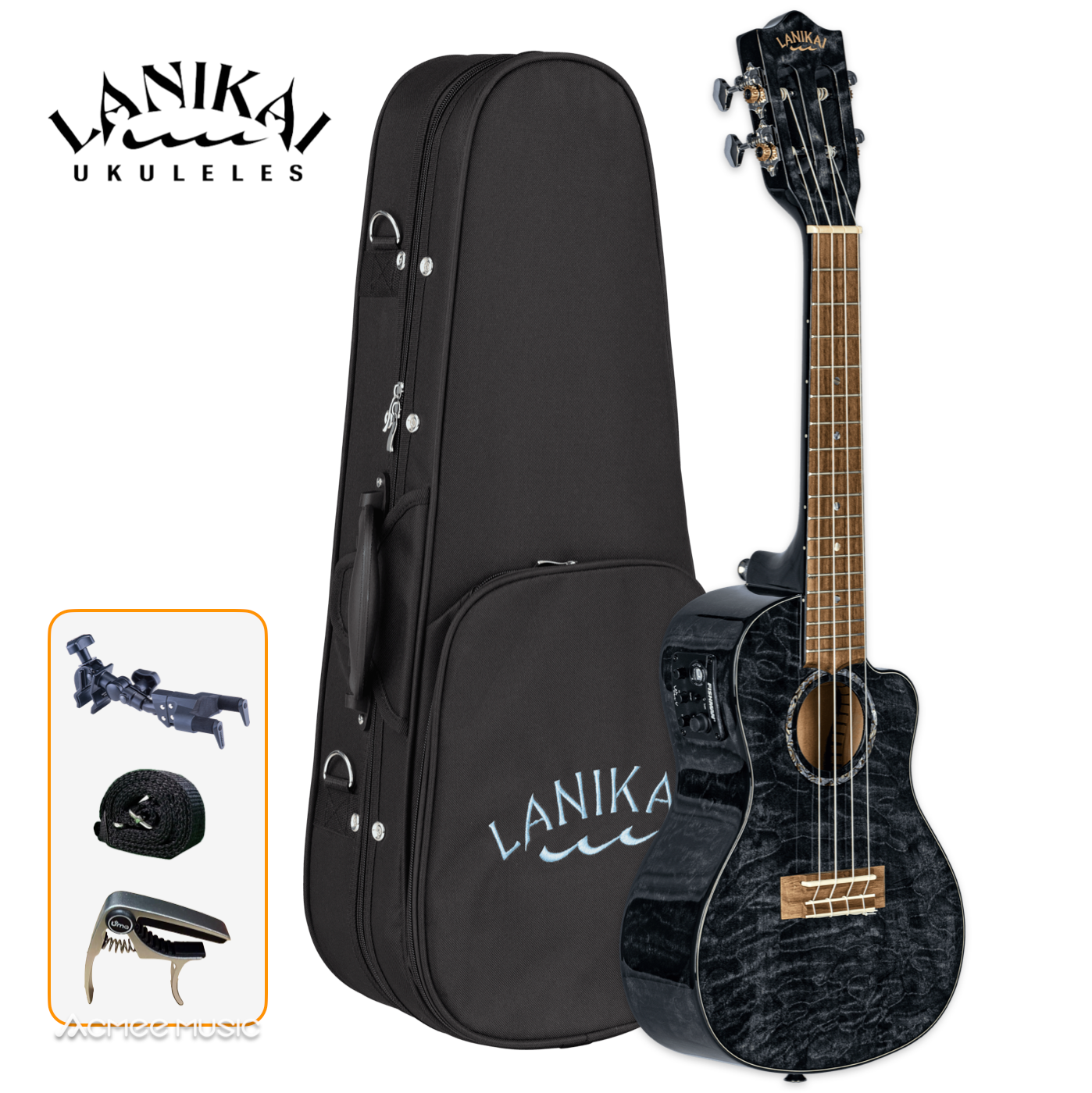Lanikai QM-BKCEC Quilted Maple Black Concert 23" Acoustic Electric Ukulele with Case