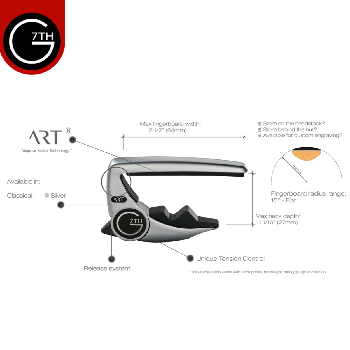 G7th Performance 3 Capo for Classical, Flamenco and Wider Neck Guitars - Silver