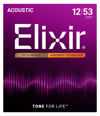 Elixir 11052 Nanoweb 80/20 Bronze Acoustic Guitar Strings - Light .012-.053
