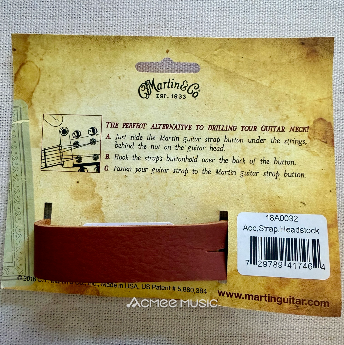 Martin Acoustic Guitar Strap Headstock Button Tie - Leather Brown
