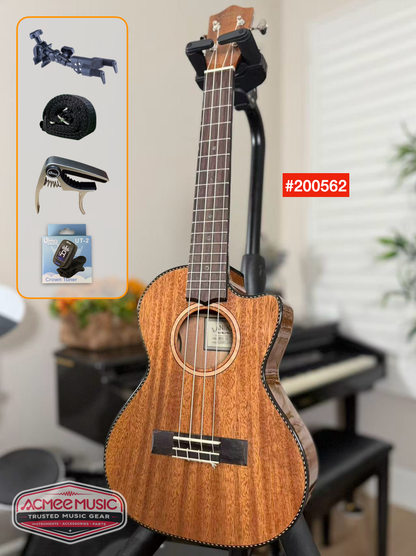 Lanikai All Solid Mahogany Tenor Cutaway A/E Ukulele w/Case, Hanger, Tuner, Capo & Strap