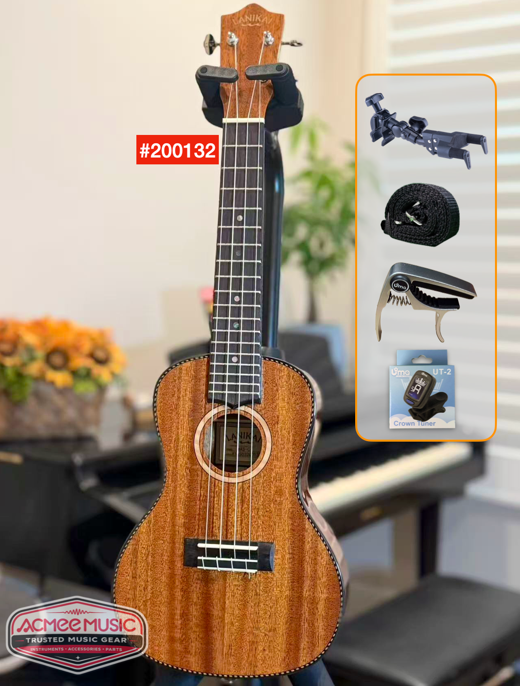 Lanikai MAS-C All Solid Mahogany Concert Ukulele w/Foam Case, Hanger, Capo,Tuner & Strap