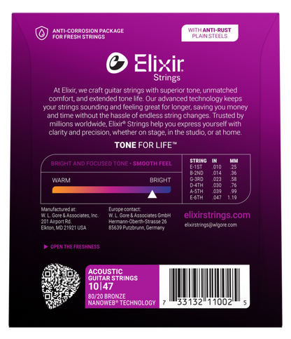 Elixir 11002 Nanoweb 80/20 Bronze Acoustic Guitar Strings Extra Light .010-.047