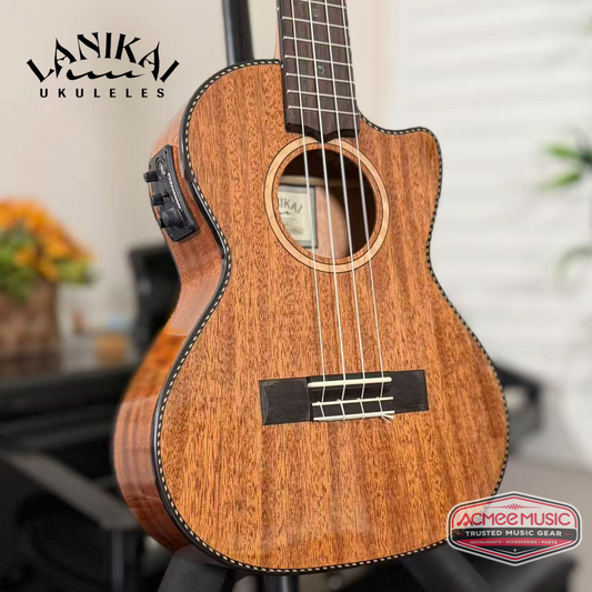 Lanikai All Solid Mahogany Tenor Cutaway A/E Ukulele w/Case, Hanger, Tuner, Capo & Strap