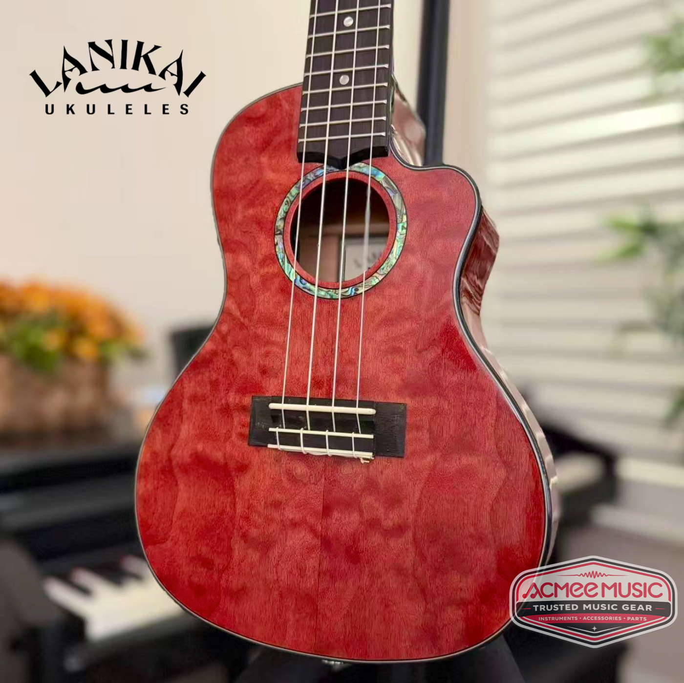 Lanikai QM-RDCEC Quilted Maple Red Concert Cutaway A/E Ukulele w/Foam Case, Hanger, Tuner, Capo & Strap